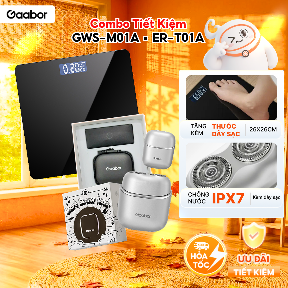 Combo 260 Cân sức khỏe điện tử kính cường lực GWS-M01A và máy cạo râu chống nước IPX7 ER-T01A màu xám - Bảo hành 1 đổi 1