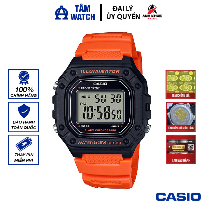 Đồng hồ nam dây nhựa casio standard chính hãng anh khuê w-218h-4b2vdf
