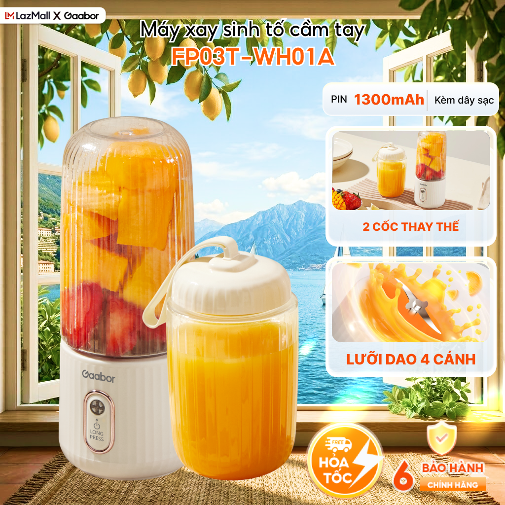 Nâng cấp - Cốc xay sinh tố cầm tay mini Gaabor FP03T-WH01A 350ml công suất 30W ly máy xay nhỏ gọn tiện lợi tích điện cổng sạc USB kèm 2 cốc tiện lợi - Bảo hành 1 đổi 1