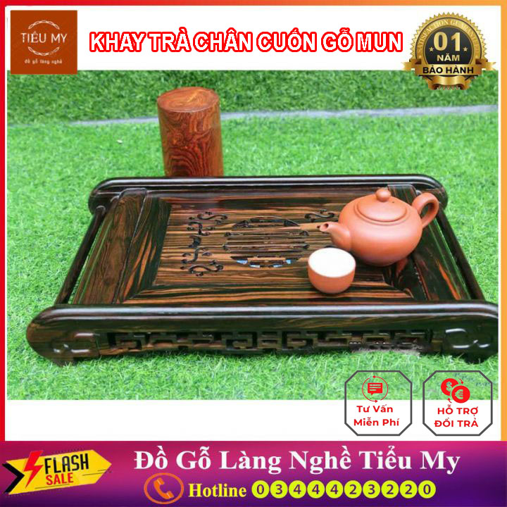 Khay trà chân Cuốn Thư chất liệu gỗ Mun đẹp sang trọng, độc đáo. Cao Cấp - có Khay Đựng Nước Inox 304, được sơn PU phủ bóng sáng an toàn vệ sinh