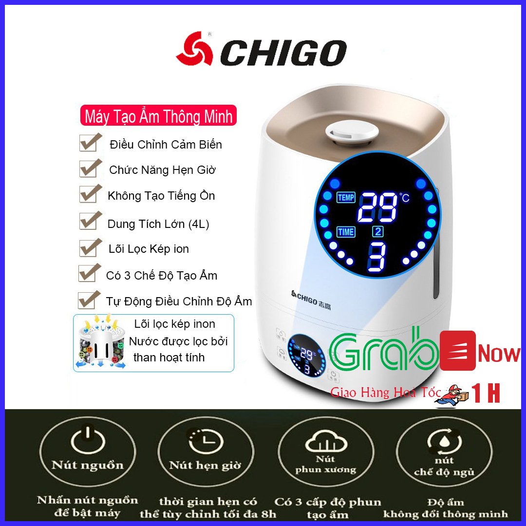 Máy Tạo Ẩm Không Khí, Máy phun sương bù ẩm không khí, Máy Khuếch tán tinh dầu có lõi lọc than hoạt tính màn hình Led cảm biến dũng tích 4 lít - Bảo Hành 12 Tháng