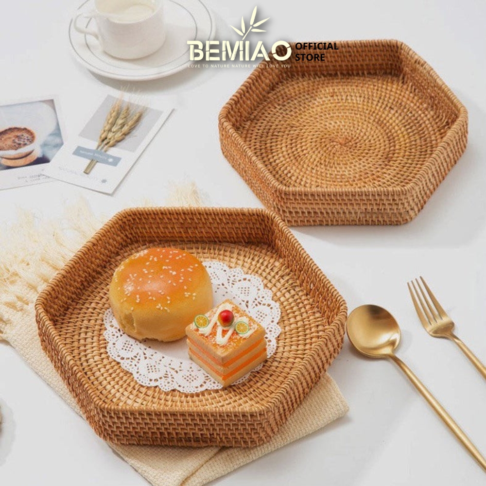 Khay mây lục giác Khay mây tre đan Đĩa mây đựng bánh mì, hoa quả