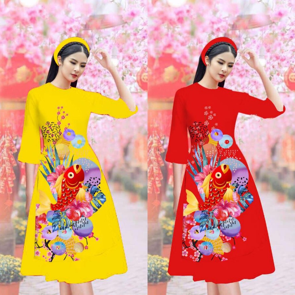 [HCM]Áo dài cách tân lụa in 3D hình cá chép ( áo kèm váy) sản phẩm tốt chất lượng cao cam kết hàng nhận được như hình và mô tả