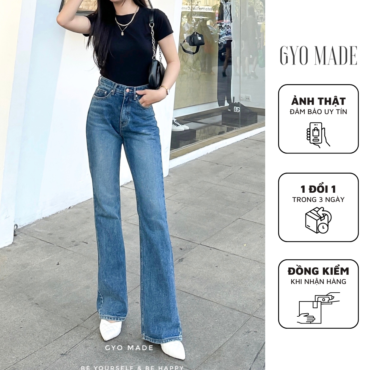  Quần Jean nữ ống loe nhẹ GYOMADE® lưng cao tôn dáng đứng form và có sự co dãn | GQ013B 