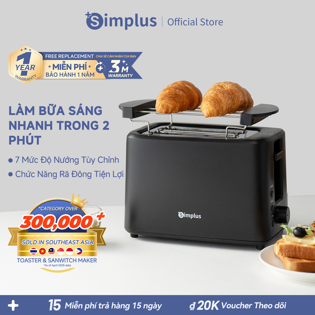 Simplus Máy Nướng Bánh Mì 7 Mức Nhiệt 3 Chức Năng Rã Đông Công Suất 700W Khay Nướng Đa Năng Tự Động Bật Lên DSLU007