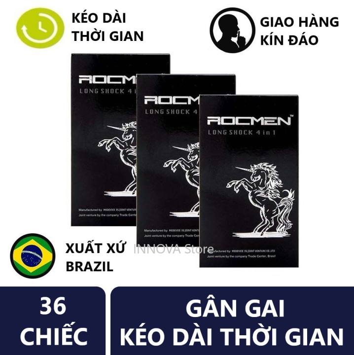 FREESHIP Bộ 3 hộp Bao cao su gân gai kéo dài thời gian Rocmen Longshocks (36 chiếc)