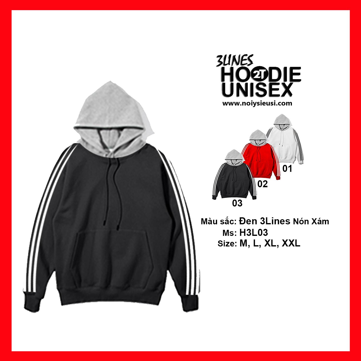 [4.4 HOÀN TIỀN 15%]ÁO NỈ BÔNG HOODIE UNISEX 3 SỌC SPORT THỂ THAO PHỐI NÓN XÁM - ĐEN 3LINES