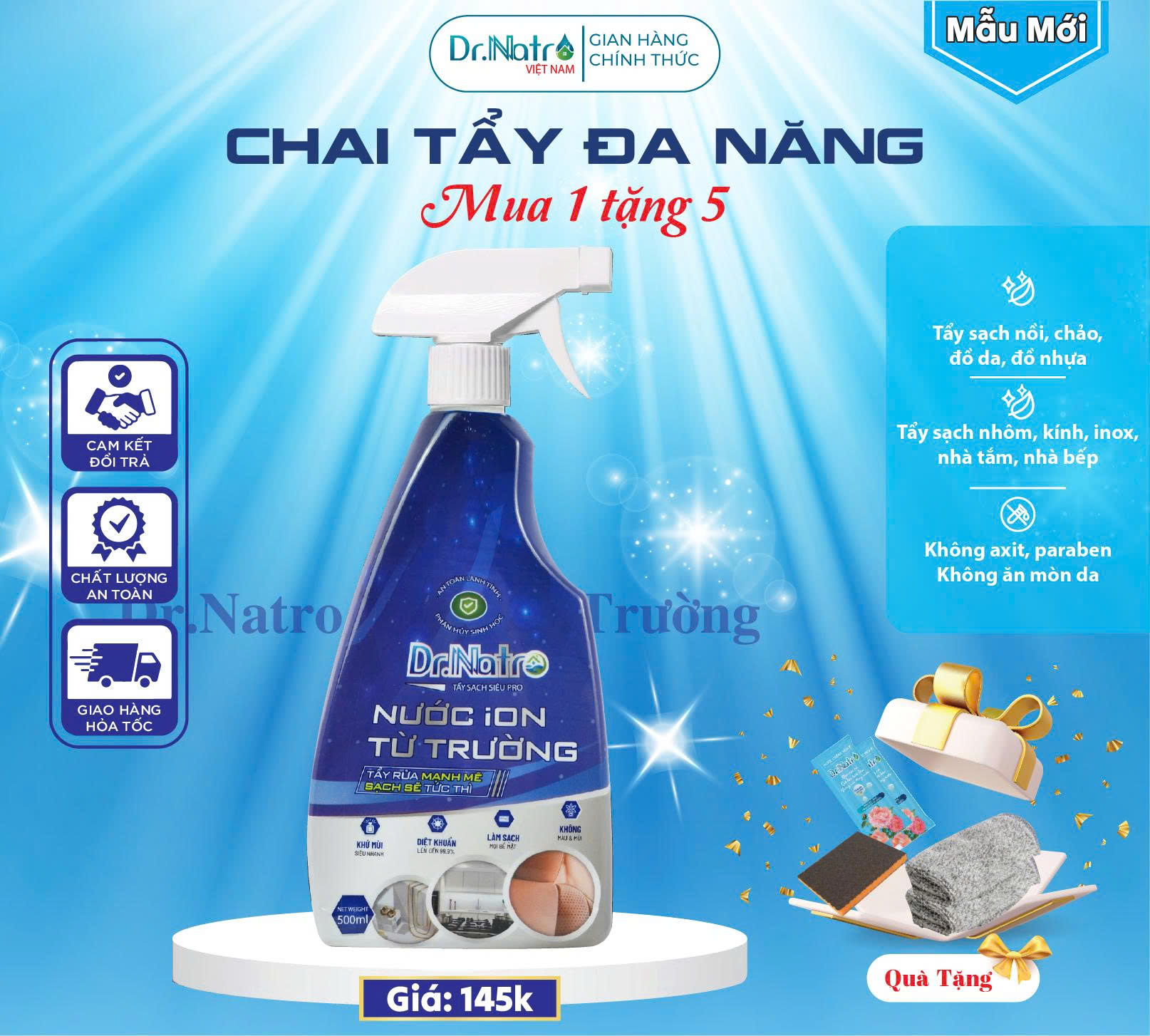 Dr.Natro Multi-Purpose Cleaning Water Bottle 500ml Cleans All Stains, Free 1 Scrubbing Pad + 2 Cleaning Towels + 2 Flower Care Packs