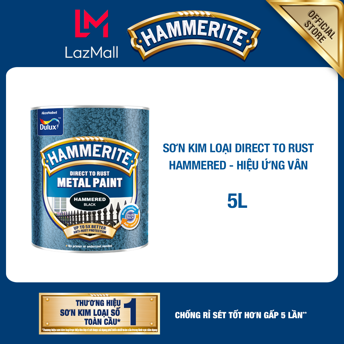 Sơn trực tiếp cho Kim Loại - HAMMERITE DIRECT TO RUST Bề mặt vân 5L