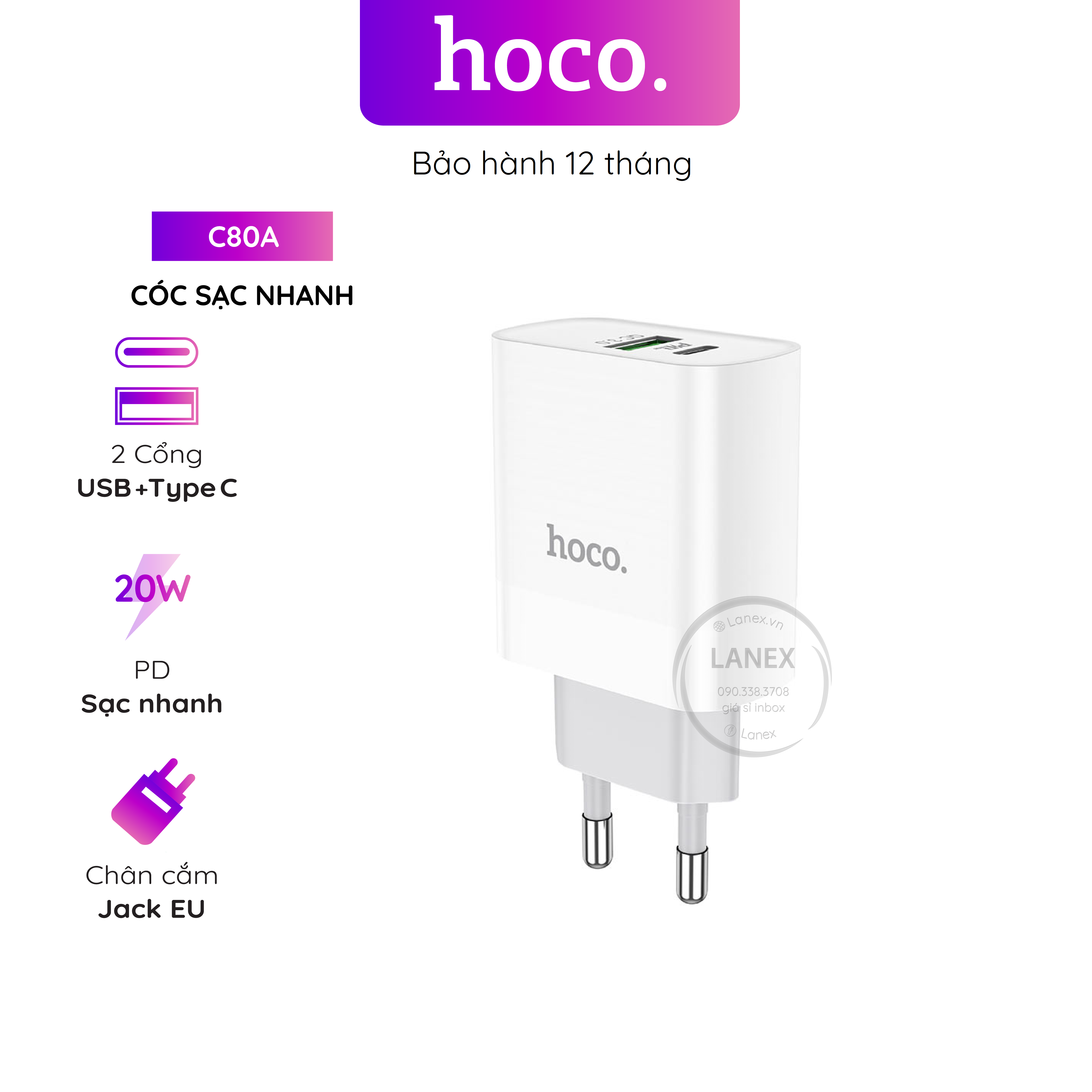 Cóc sạc nhanh hoco c80a 1 cổng usb pd qc3.0 20w