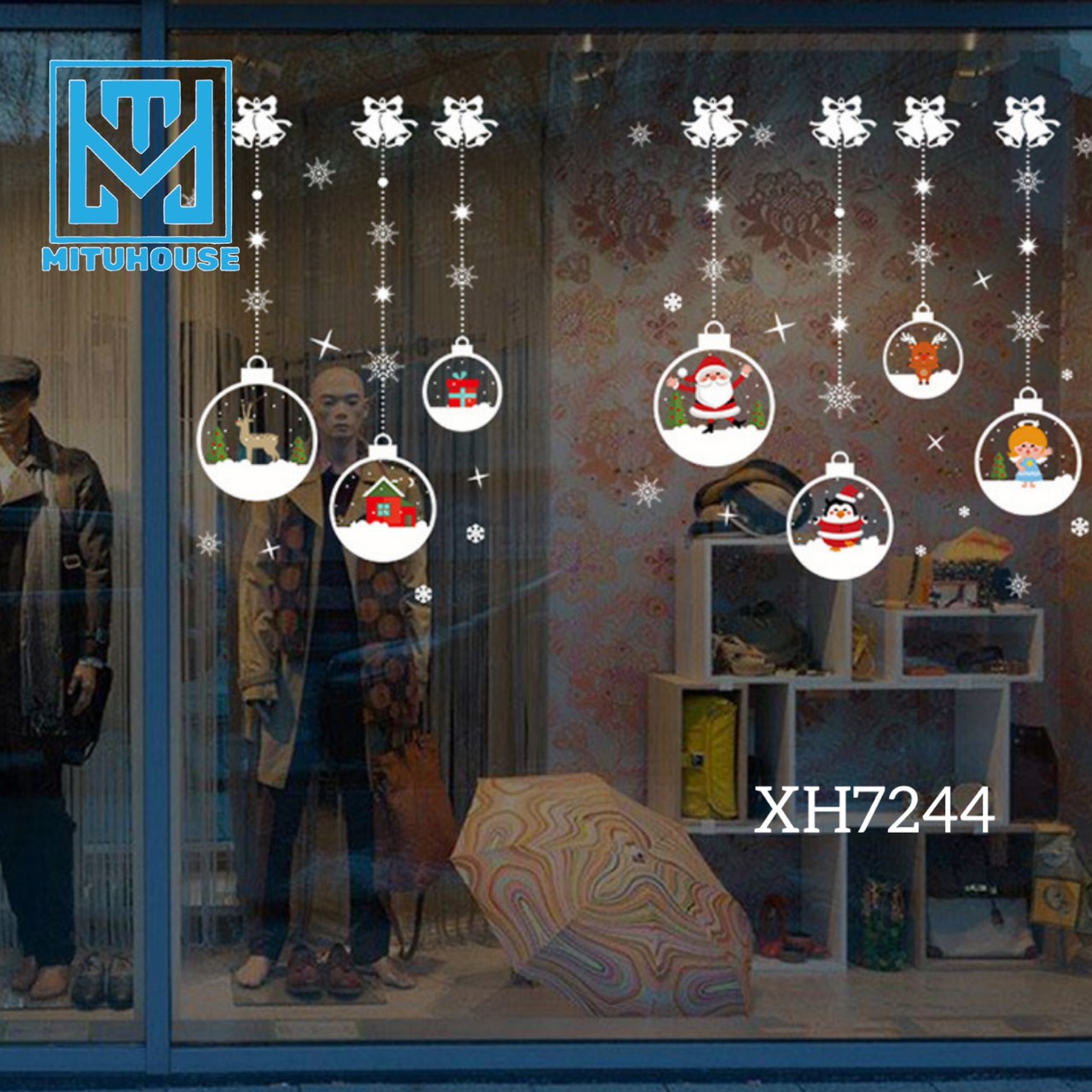 Decal dán tường dán kính họa tiết dây treo quả cầu tuyết trang trí giáng sinh xh7244 / noel