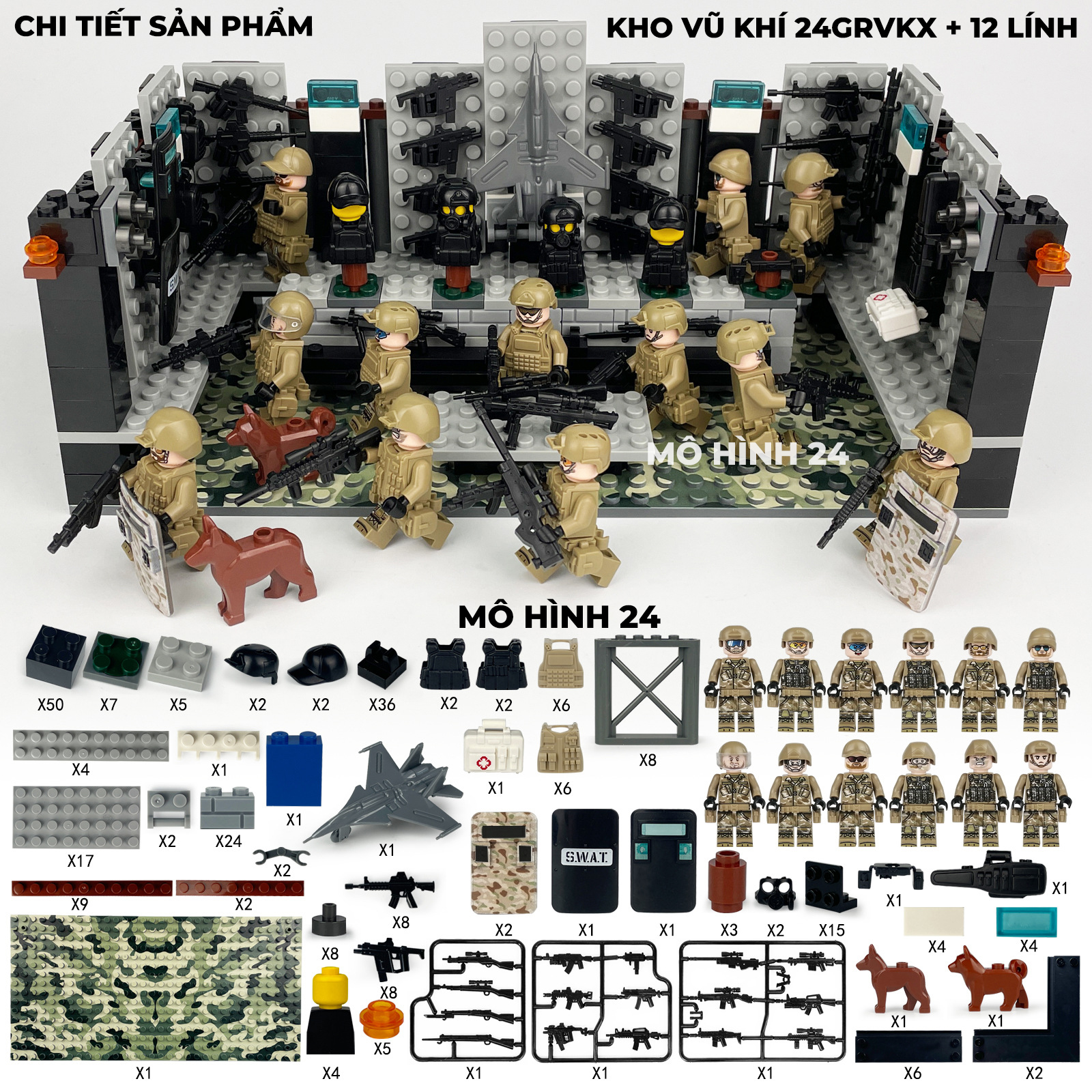 Bộ mô hình đồ chơi lắp ráp Kho vũ khí 24GRVKX lego minifigures nhân vật mini full option mô hình 24 swat kèm 12 lính