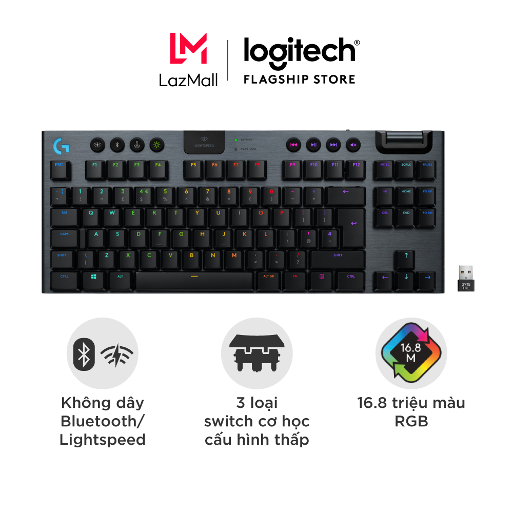 Bàn phím game cơ học không dây Lightspeed Logitech G913 TKL - Không phím số, 3 loại switch cấu hình thấp, Bluetooth/USB, RGB Lightsync