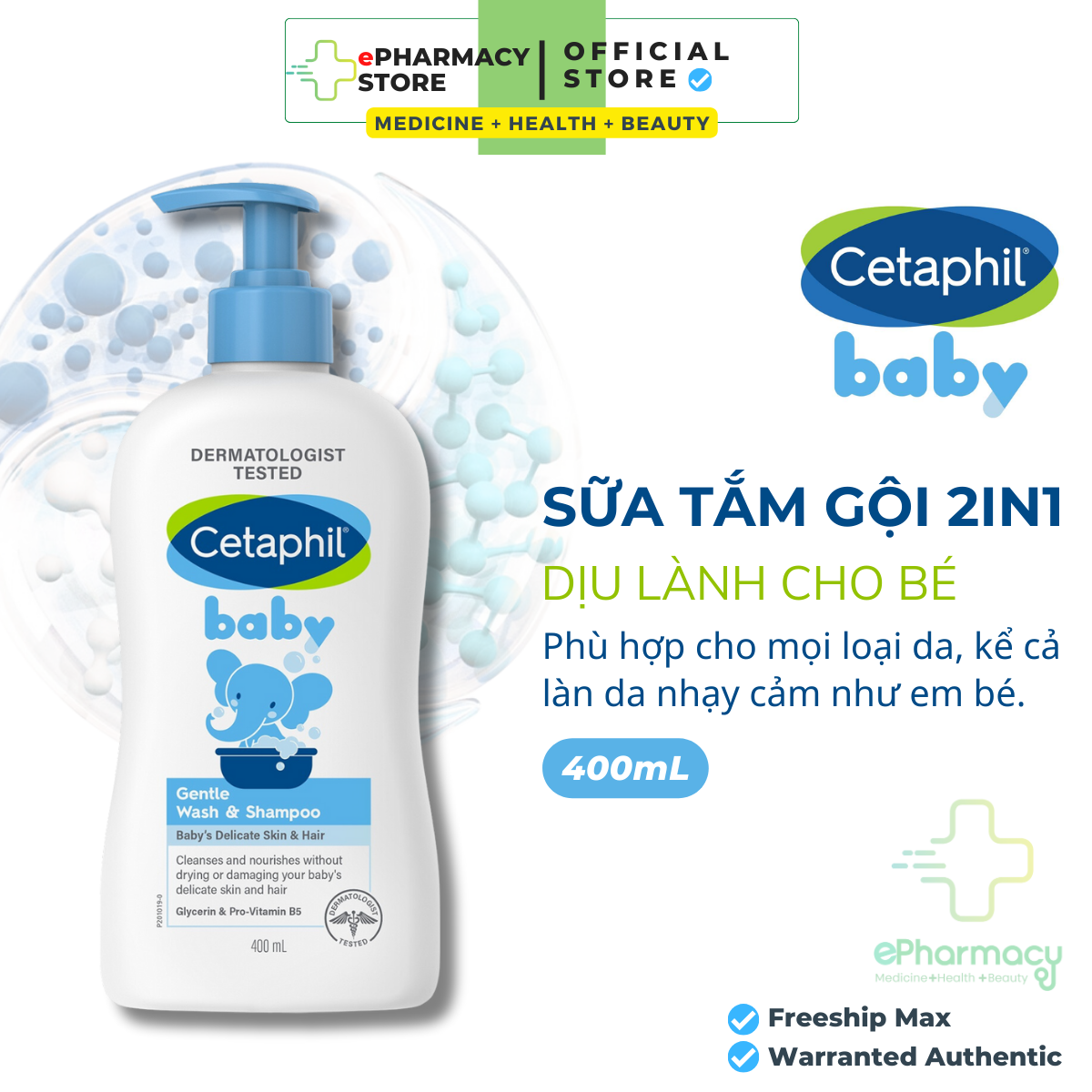 Cetaphil tắm gội 400ml - Sữa tắm gội 2 in 1 Cetaphil Baby Gentle Wash & Shampoo 400ml