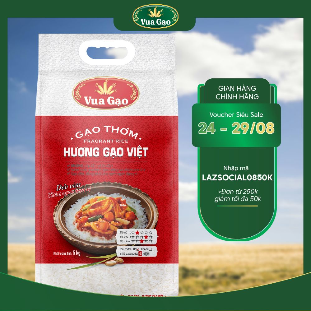 Gạo thơm hương gạo việt túi 5kg - chính hãng vua gạo - gạo dẻo vừa, ngon cơm, ngọt hậu