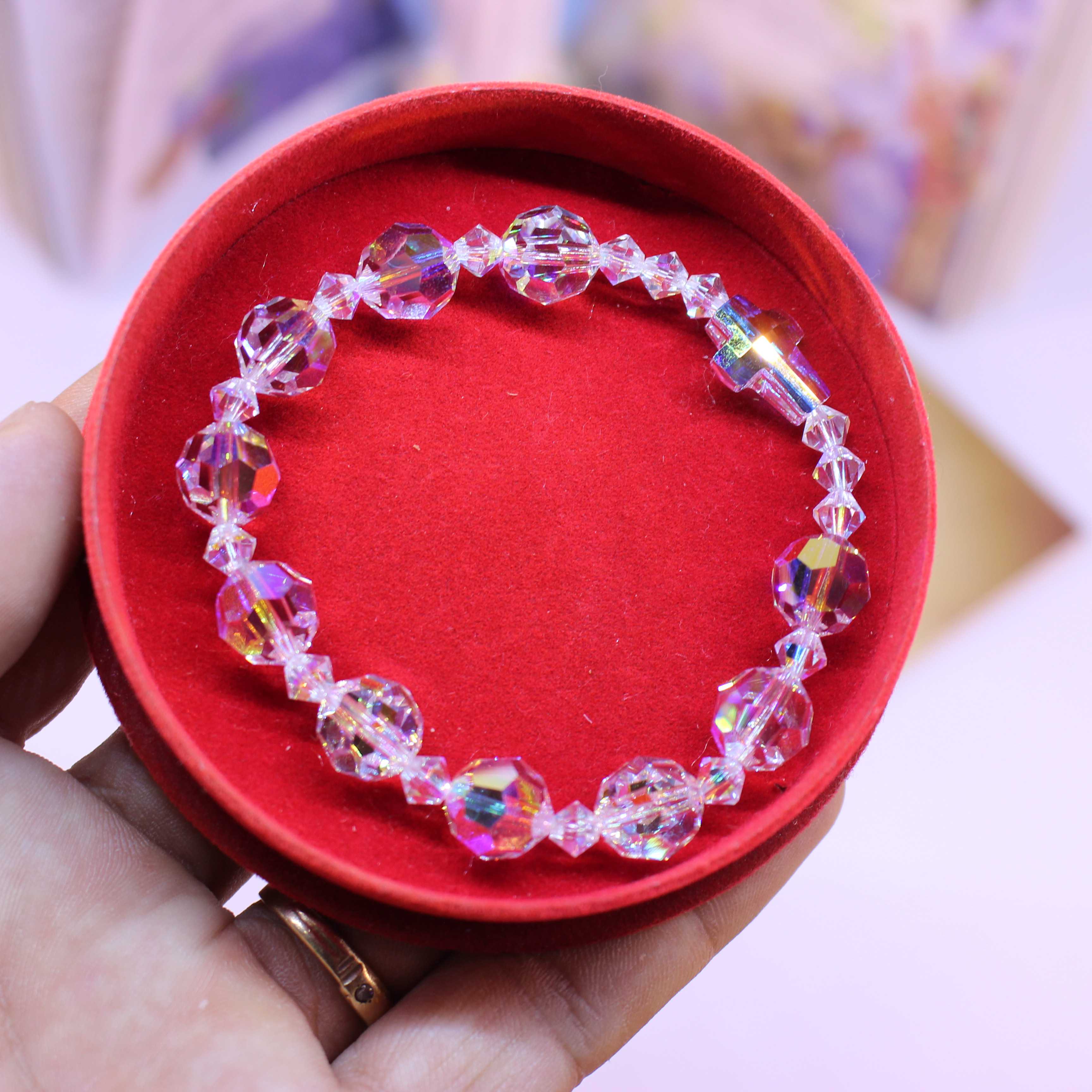 Vòng tay chuỗi mân côi pha lê Áo Swarovski cao cấp hạt tròn giác cạnh 10ly