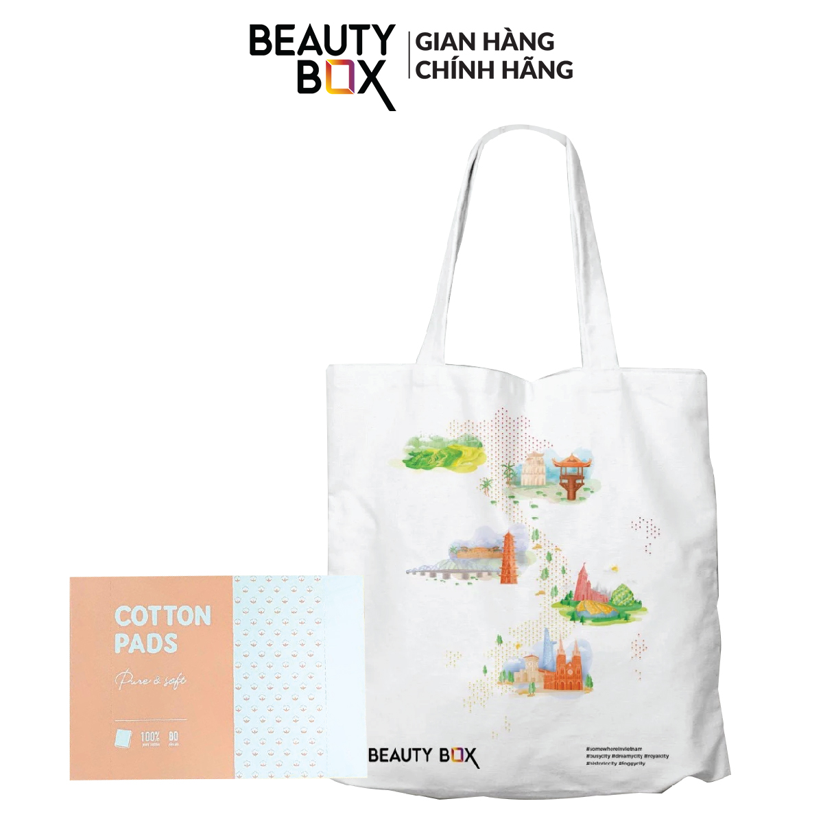 Combo Túi Vải Canvas Beauty Box 1pcs+Bông Beauty Box Cotton Pad 80 miếng/hộp