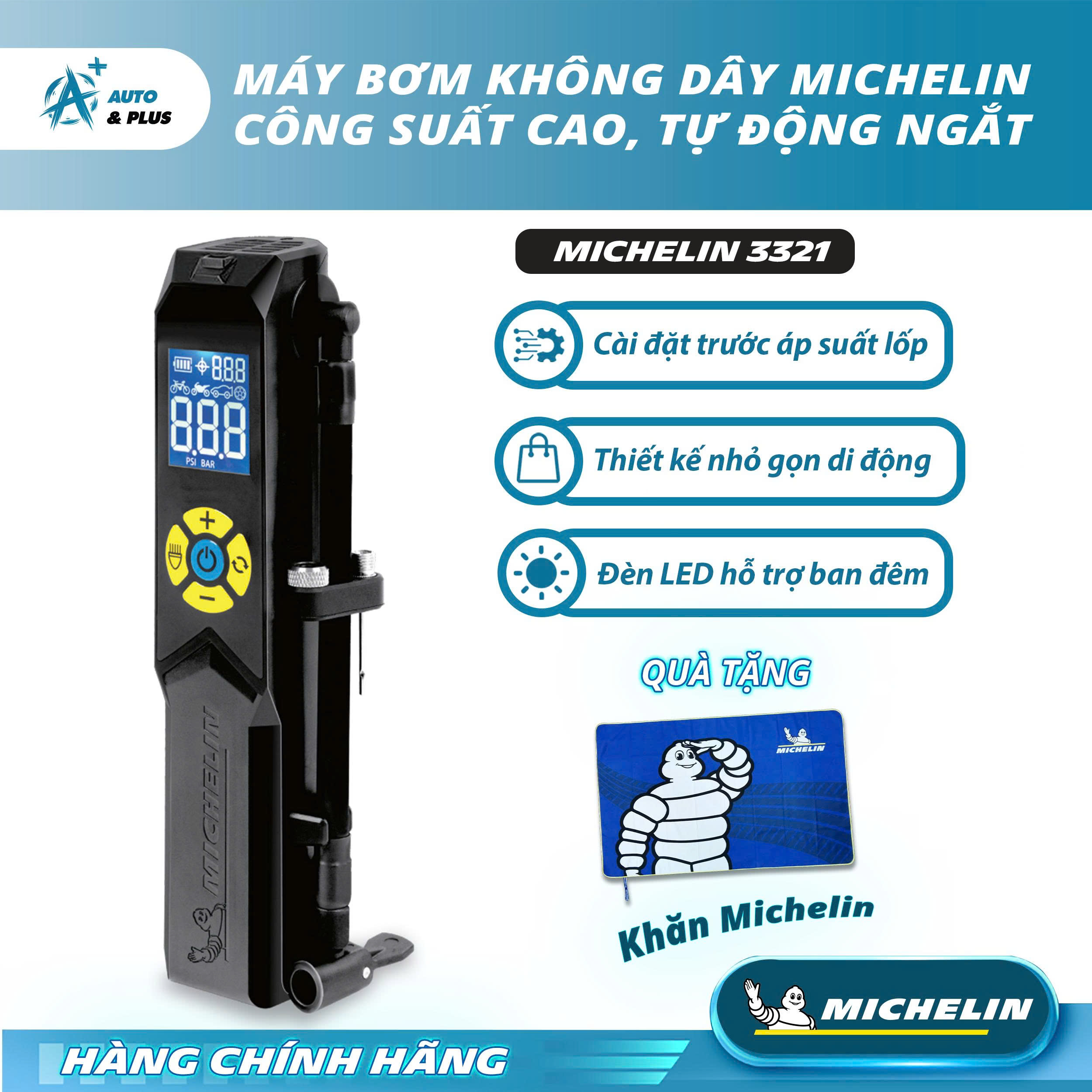 MÁY BƠM LỐP MINI ĐA NĂNG KHÔNG DÂY CAO CẤP, CHÍNH HÃNG MICHELIN 3321