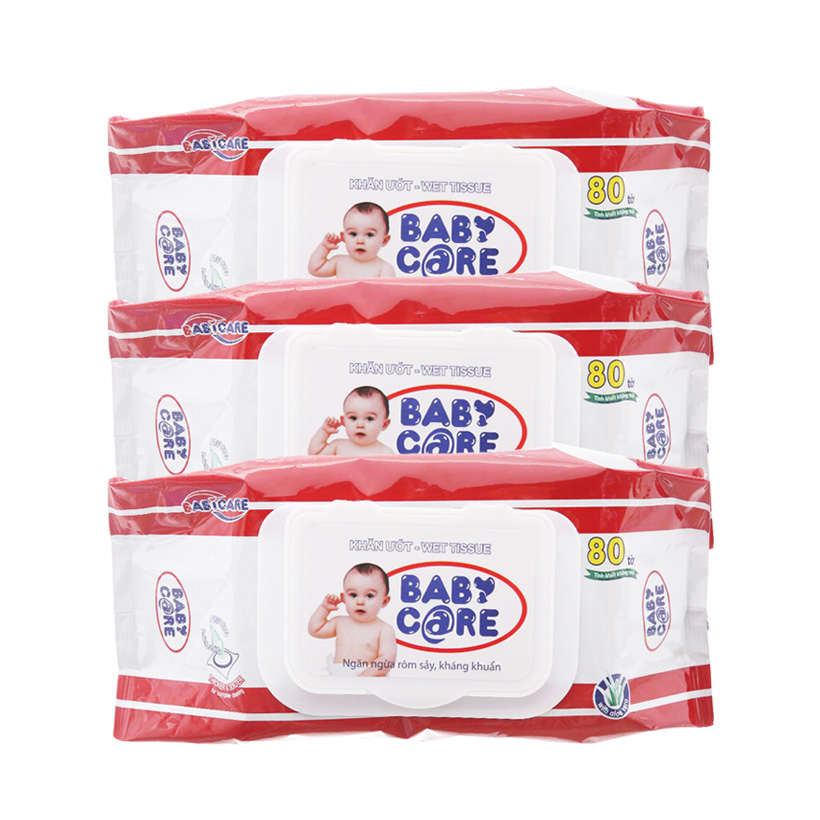 Combo 3 Gói Khăn ướt Baby Care 80 tờ - Không mùi, tinh chất lô hội dưỡng da