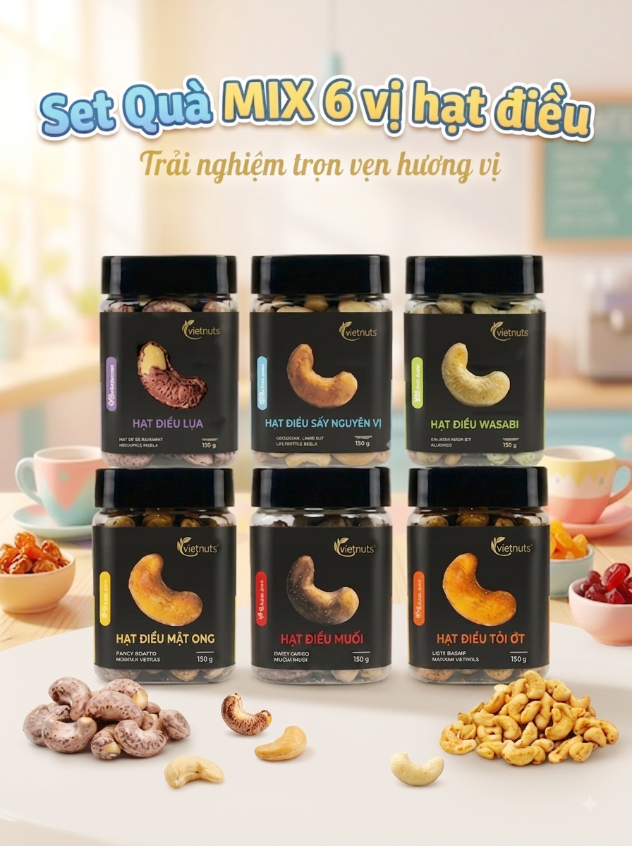 Vietnuts - Set Quà MIX 6 vị hạt điều cao cấp | Hạt dinh dưỡng tốt cho sức khỏe - quà tặng ý nghĩa