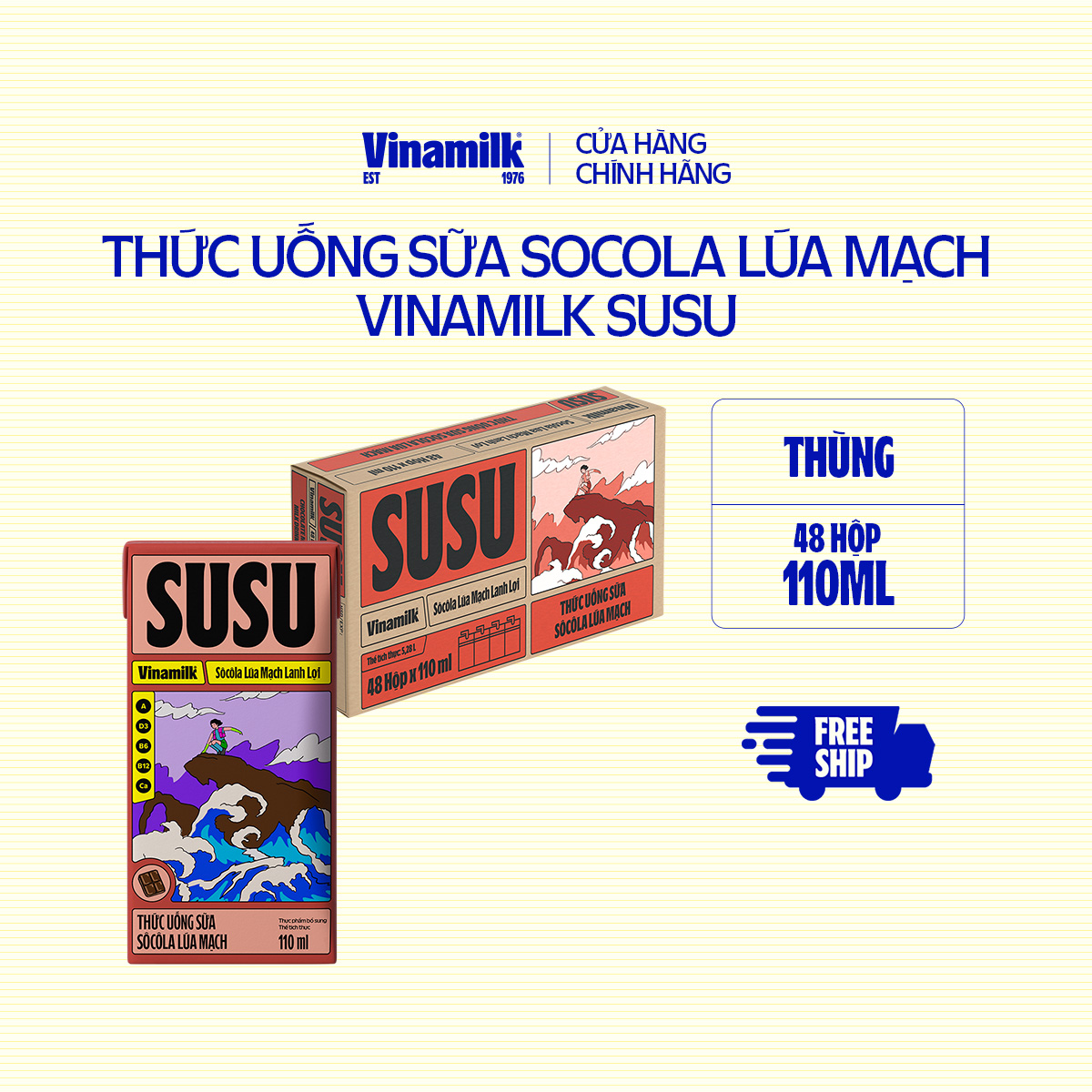 Thùng 48 hộp Thức Uống Sữa Socola Lúa Mạch SuSu Hộp 110ml