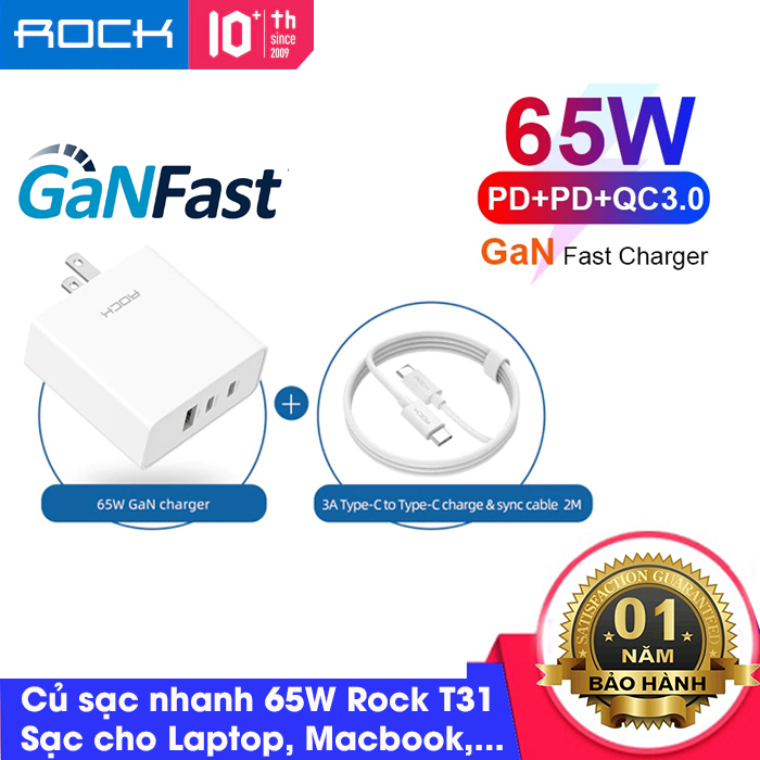 Bộ củ Sạc kèm cáp PD 100W Rock T31 Gan 65W hỗ trợ Sạc Nhanh 4.0 3.0 D AFC SCP Cho Iphone 11 Pro Max iPad Pro MacBook Pro Xiaomi Samsung Huawei Baseus, Laptop