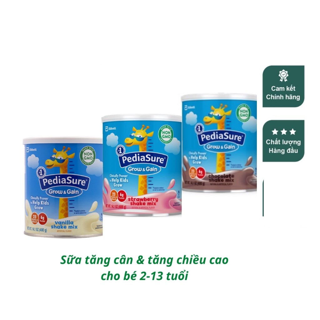 Sữa bột tăng cường miễn dịch, tăng cân, tăng chiều cao Abbott Pediasure Grow & Gain hươu cao cổ của Mỹ hộp 397gr hương vani, socola, dâu