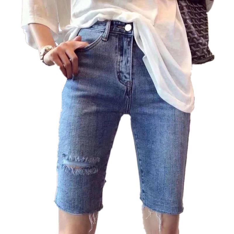 [HCM]Quần jean lửng big size lưng cao rách cạnh đùi co dãn mạnh dành cho người béo 60kg~90kg chất vải dày dặn thiết kế ôm gọn đôi chân che đi khuyết điểm đôi chân to của nàng béo