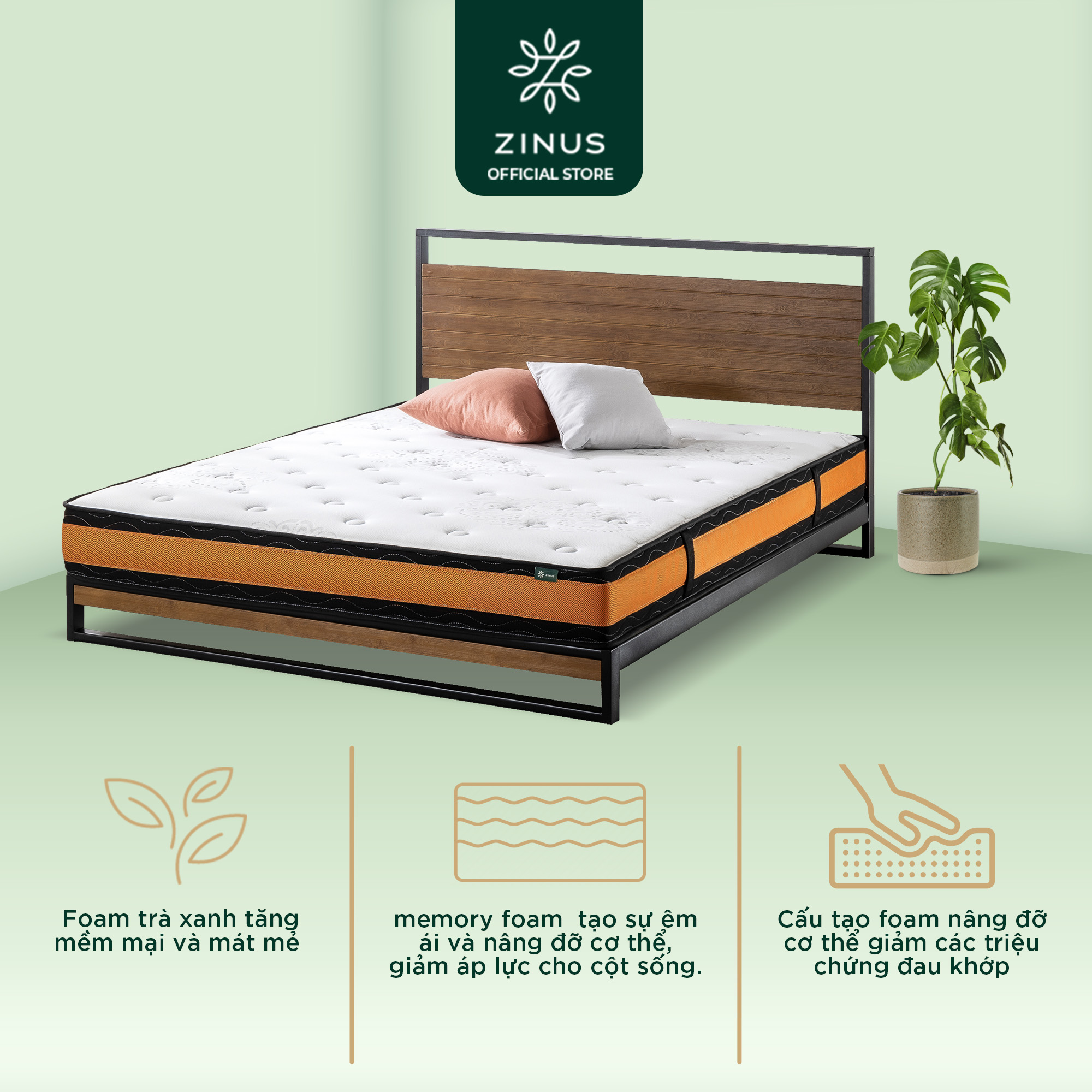 [TRẢ GÓP 0%] Nệm Lò Xo Độc Lập Foam Mát Trà Xanh Thế Hệ Mới Dày 25cm Zinus - Spring Mattress King Size