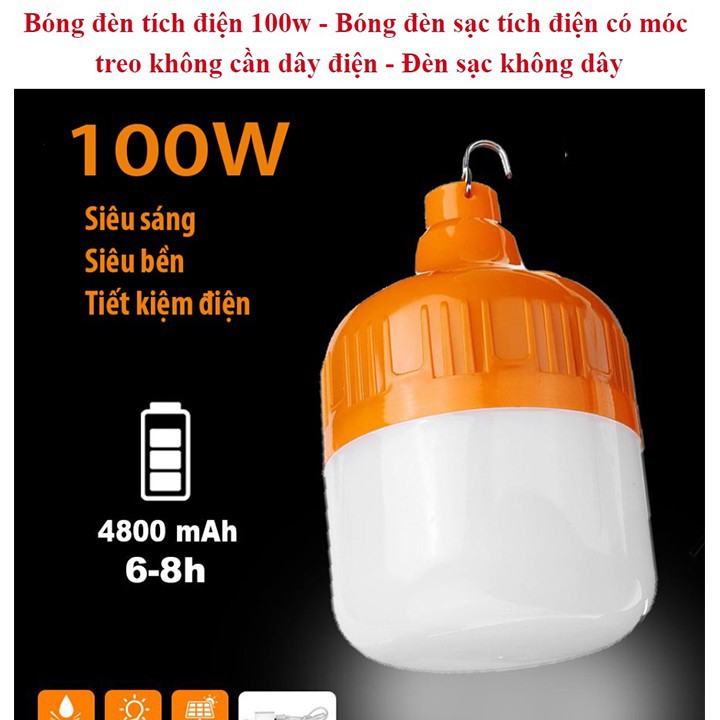 Bóng đèn Led sạc tích điện 100w có móc treo không cần dây điện - Đèn sạc không dây