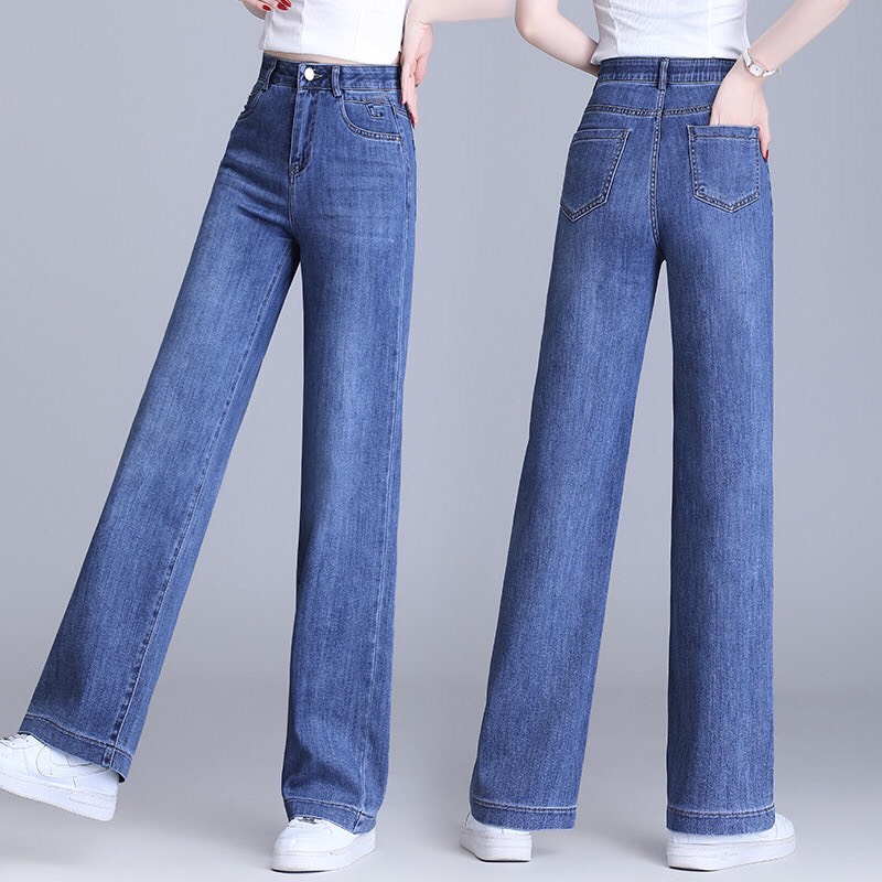 Quần jeans nữ co giãn ống suông, quần jeans nữ cotton ống rộng
