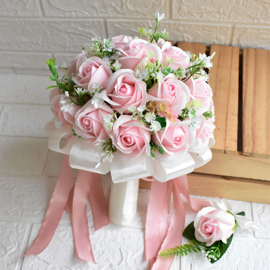 Hoa cưới cầm tay cô dâu, Bó hoa hồng cưới cầm tay cô dâu sáp thơm Bouquet Of Flowers Wedding