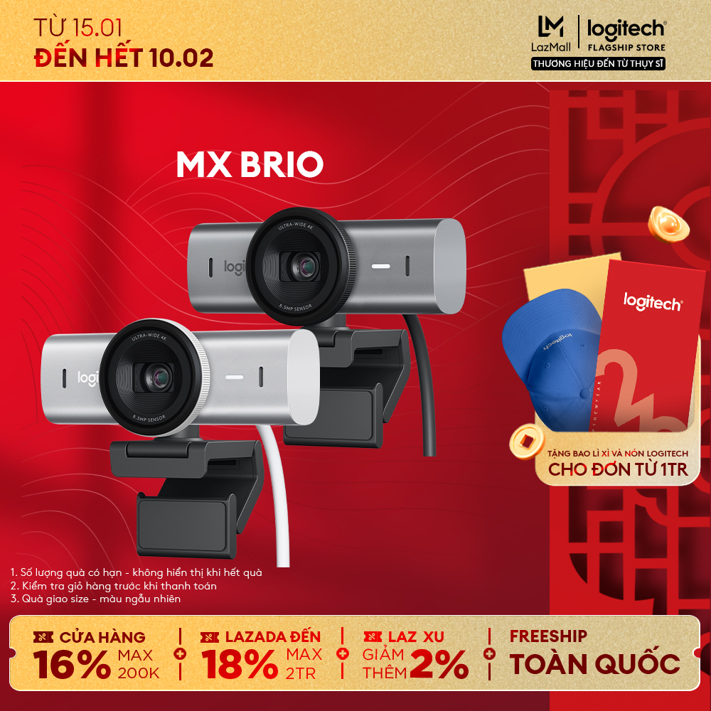  Webcam Logitech MX BRIO Ultra HD 4K - Hội họp & truyền trực tuyến Mic kép giảm ồn Show Mode USB-C 