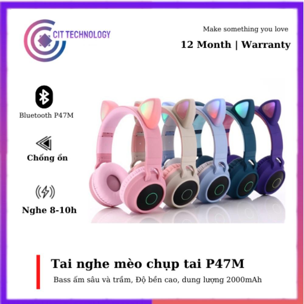 Tai nghe mèo Bluetooth 5.0 P47M, có mic đàm thoại âm Bass mạnh mẽ, pin dung lượng lớn , bảo hành 12 tháng.