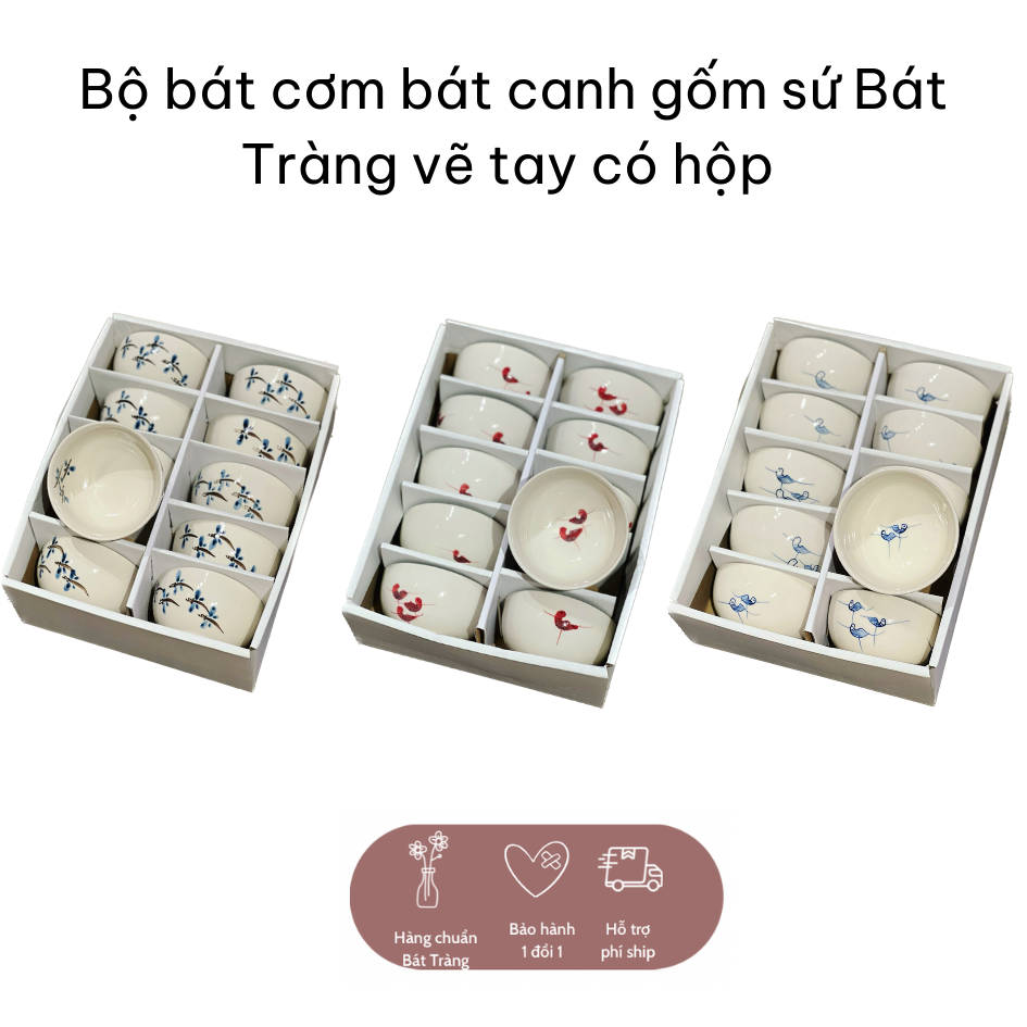 Bộ bát cơm bát canh vẽ tay gốm sứ Bát Tràng có hộp sang trọng