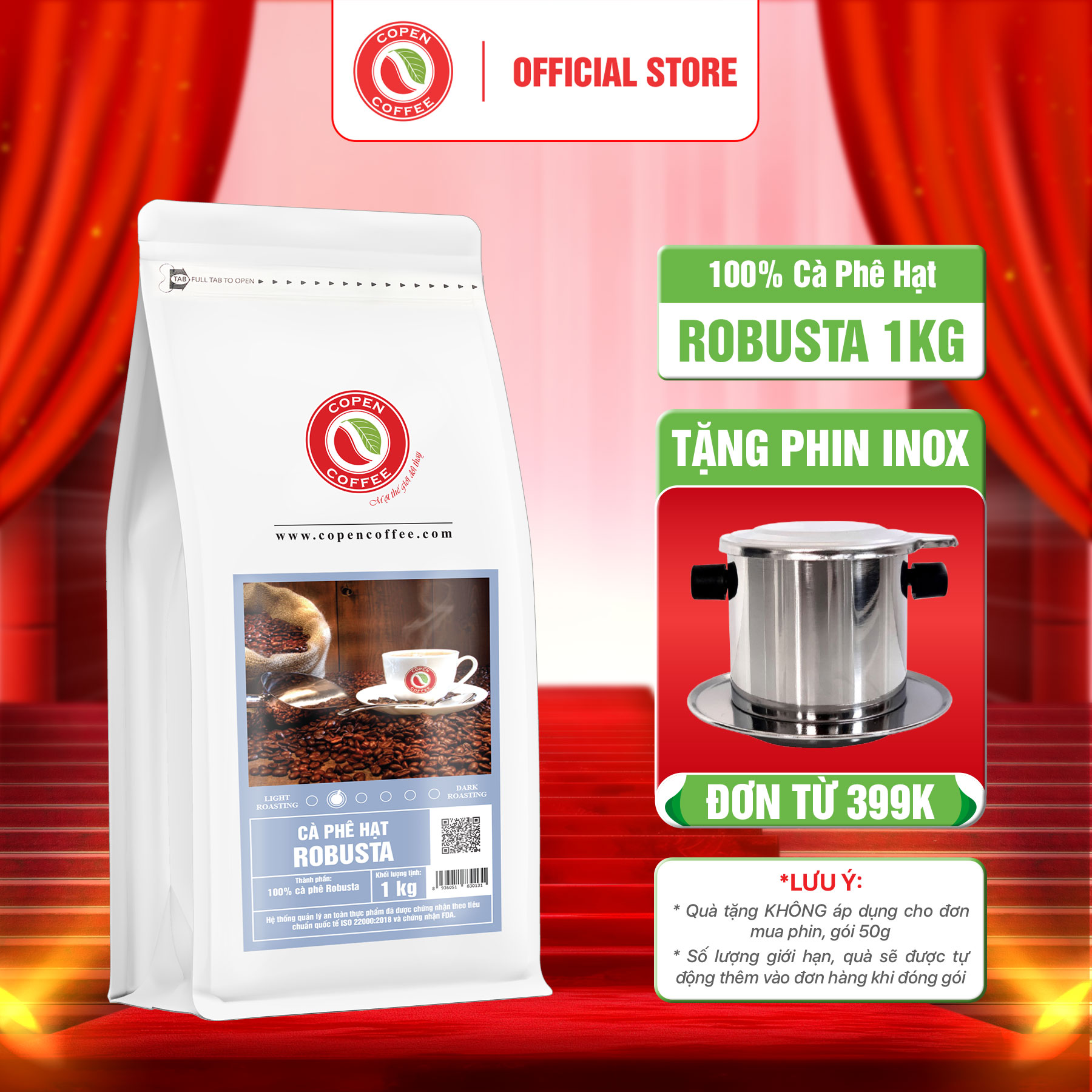 Cà phê hạt Robusta (Light Roast) rang mộc nguyên chất - Copen Coffee GÓI 1KG - Dành cho Pha máy Espresso - đắng nhẹ