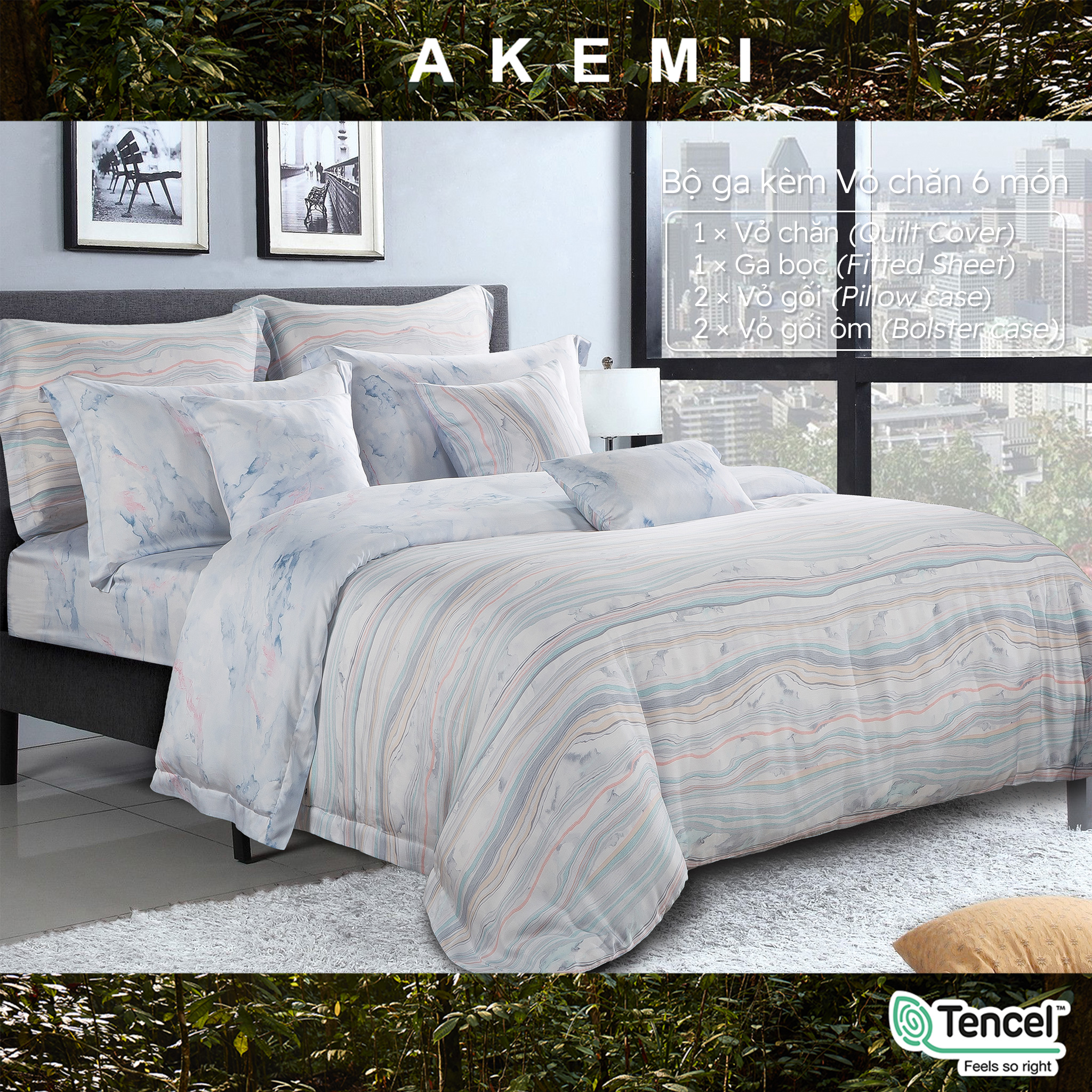 Bộ Ga kèm Vỏ Chăn Akemi Tencel Virtuous Empat sử dụng được 2 mặt, gồm 6