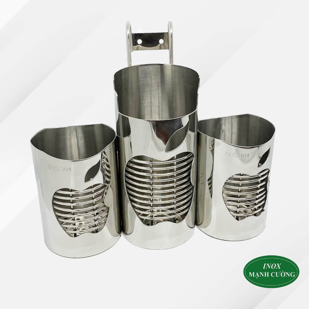 Ống đũa 3 ngăn inox hình táo cao cấp - Ống đựng muỗng đũa tròn 3 ngăn hình táo inox cao cấp 304