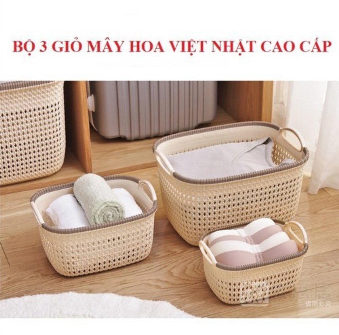 Bộ 3 Rổ giả đan mây cao cấp Việt Nhật. Giỏ lớn: 30x25x16cm- Giỏ vừa: 26x20x13cm- Giỏ nhỏ: 21x16x10cm. Rổ đựng rau, hoa quả, đựng quần áo tiện dụng (MI245)