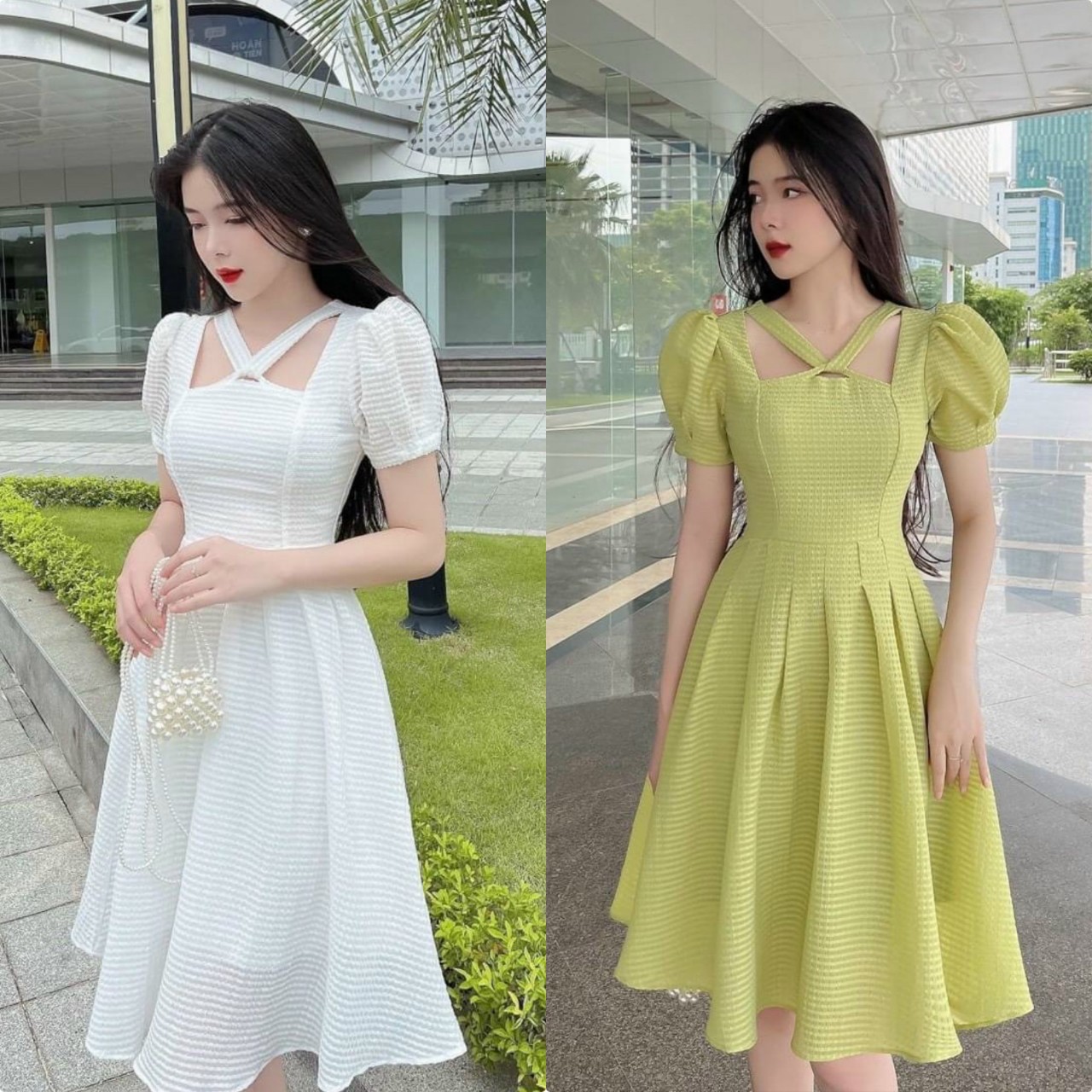 Đầm nữ tay phồng cổ vuông dây chéo vai thiết kế kiểu dáng xòe xinh xắn dễ thương