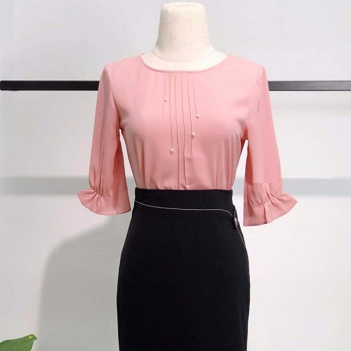 [HCM]Áo Kiểu Nữ Tay Lỡ Bo Thun Ngực xếp li đính nút ngọc