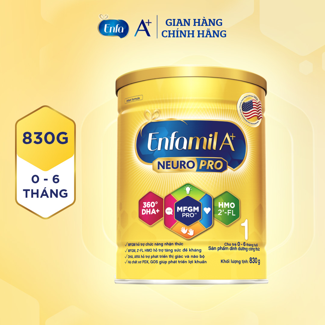Sữa bột Enfamil A+ NeuroPro 1 Vị thanh mát 2'FL HMO với dưỡng chất DHA & MFGM cho trẻ từ 0 – 6 tháng tuổi– 830g