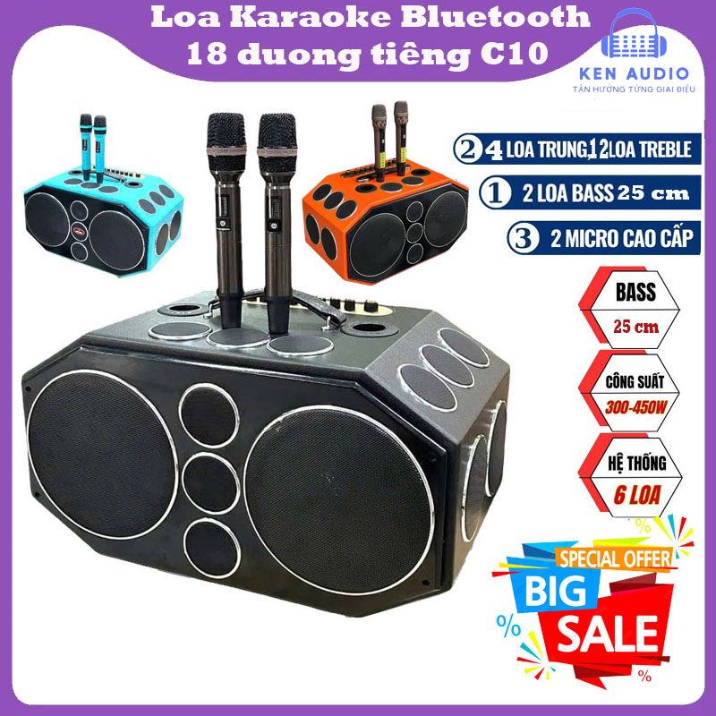 Loa kéo Karaoke C10 Pro, 2 Loa Bass 25cm, Loa 18 Đường tiếng, 4 Loa trung,12 Loa Treble, Bluetooth 5.0, AUX, USB, BH 12t.