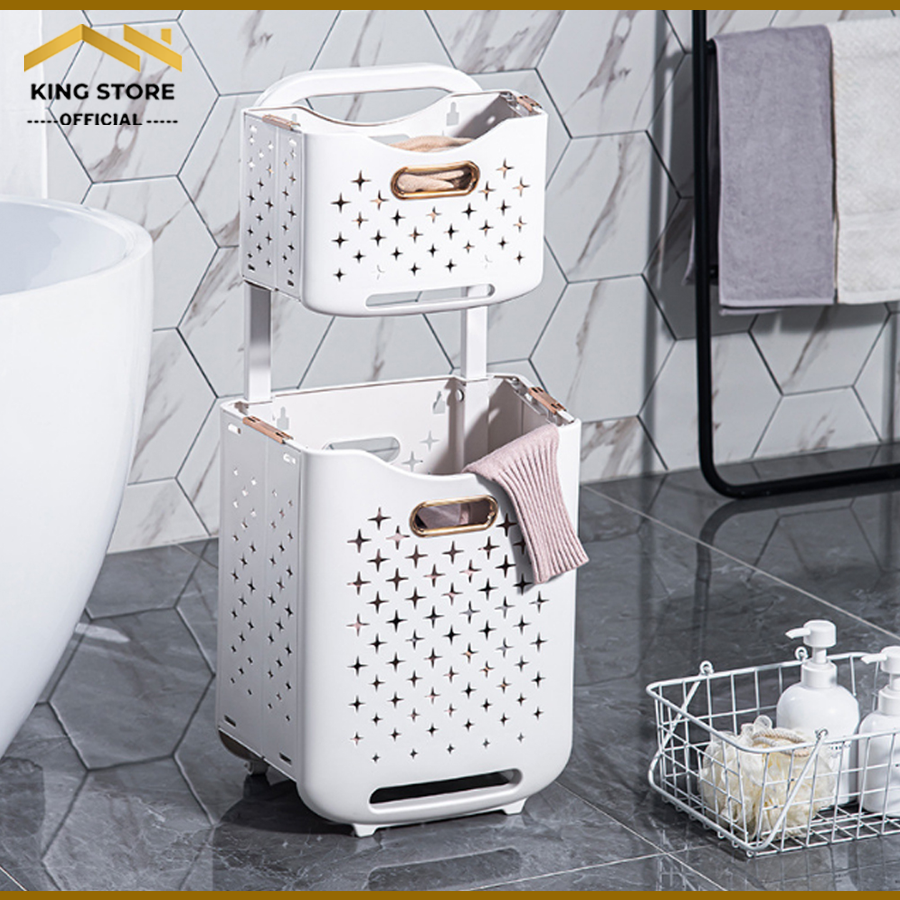 Giỏ đựng đồ treo tường gấp gọn thông minh, giỏ đựng quần áo 2 tầng có bánh xe di động tiện lợi