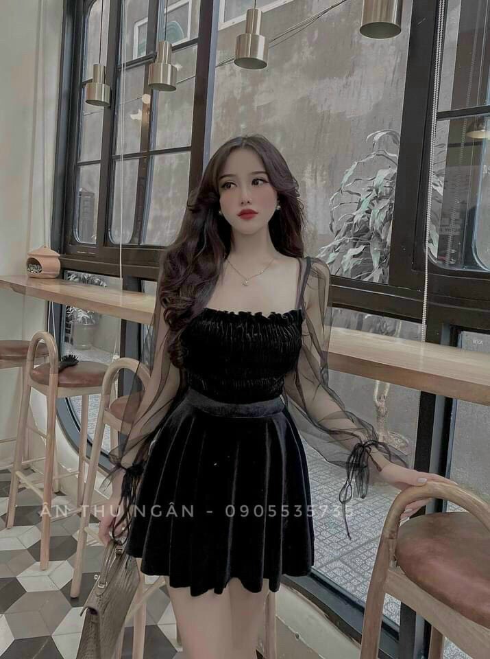 [HCM]Đầm nhung tay dài phối lưới sang chảnh