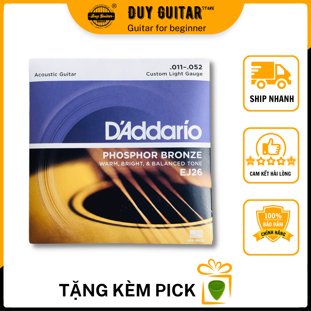 Một bộ 6 dây đàn guitar acoustic D'ADDARIO EJ26 - Dây Daddario Phosphor Bronze sỡ hữu tính chất mềm mại, sáng và cân bằng âm thanh Duy Guitar Store