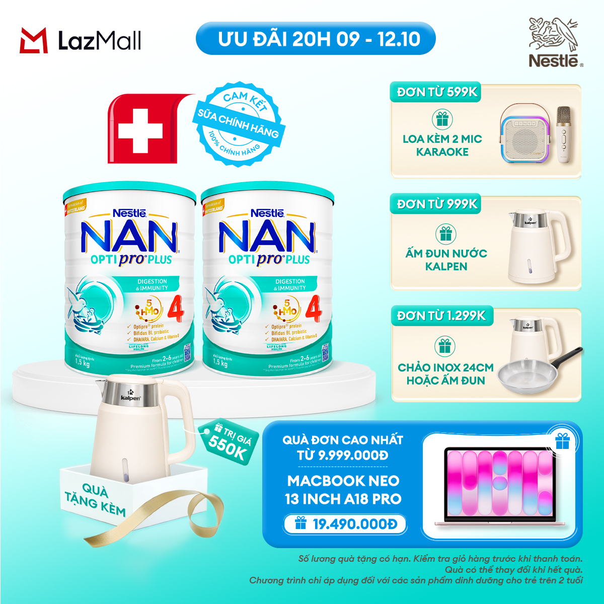 [CHỈ 20h 9-12.10 QT ĐƠN 599K/999K/1299K] [Tặng ấm Kalpen] Combo 2 lon Sữa bột Nestlé NAN OPTIPRO PLUS 4 1500g/lon với 5HMO Giúp tiêu hóa tốt
