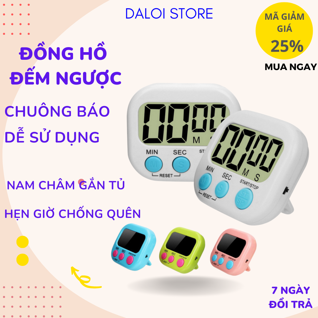 Đồng hồ bấm giờ đếm ngược Mini để bàn hẹn giờ chống quên có chuông báo học tập nấu ăn, hút nam châm J17 DALOI STORE