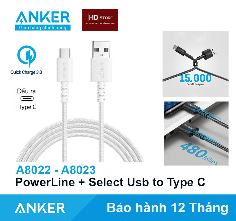 Cáp sạc Anker USB to Type C cho Samsung Androi Hỗ trợ sạc nhanh Quick Charge 15W 18W PowerLine Select + Bọc dù - A8022 A8023 HDStore