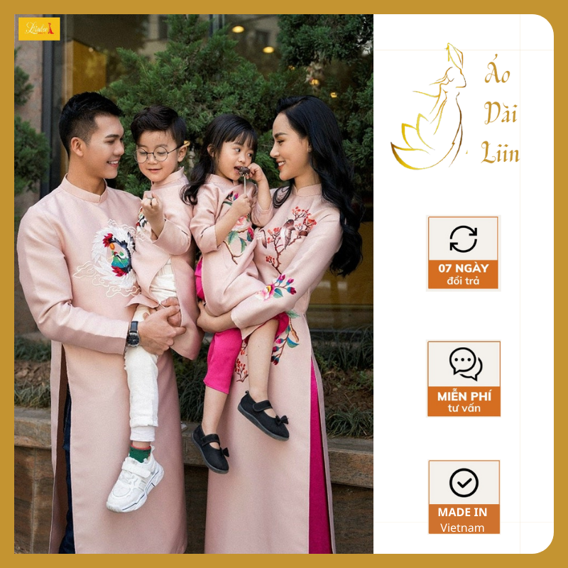 Áo dài tết gia đình áo dài cách tân chất liệu vải cao cấp màu hồng thêu hoa, chim hạc cho bố, mẹ, bé trai, bé gái gd02h
